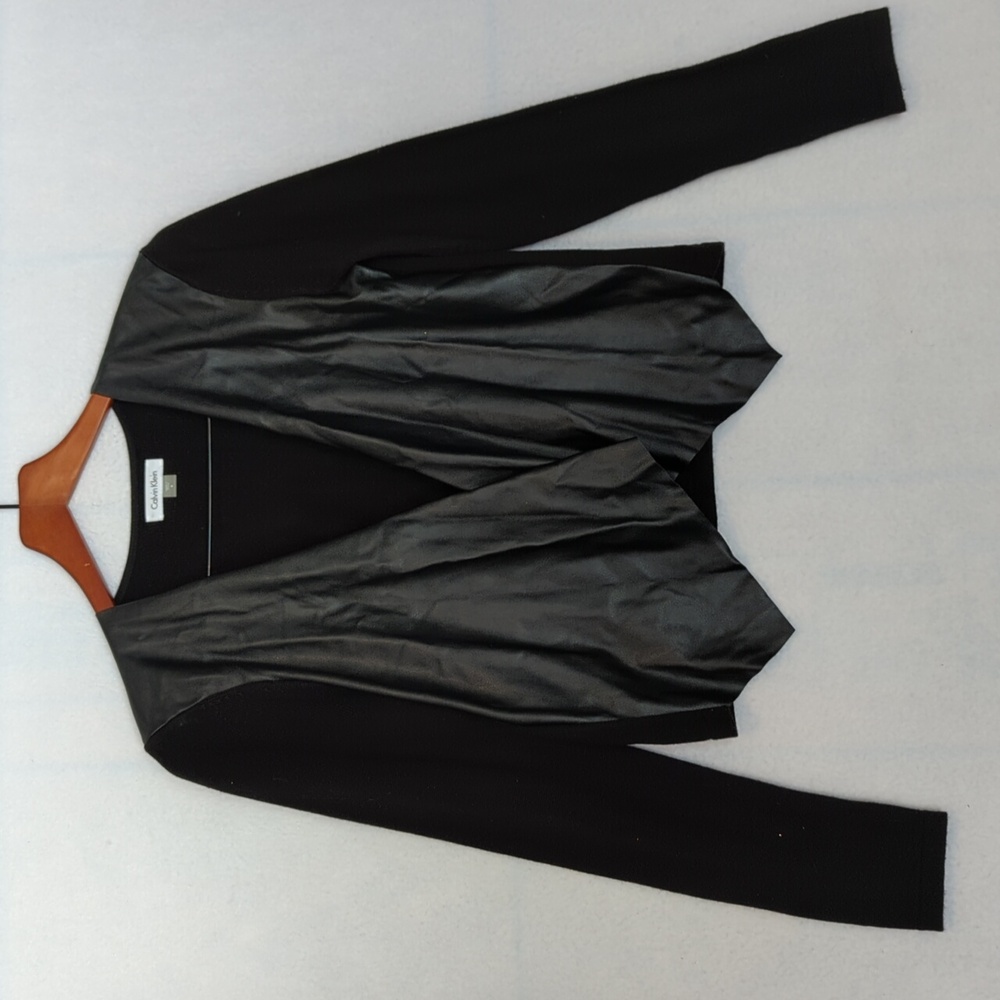 Calvin Klein Black Faux Leather Open Cardigan‎ S
